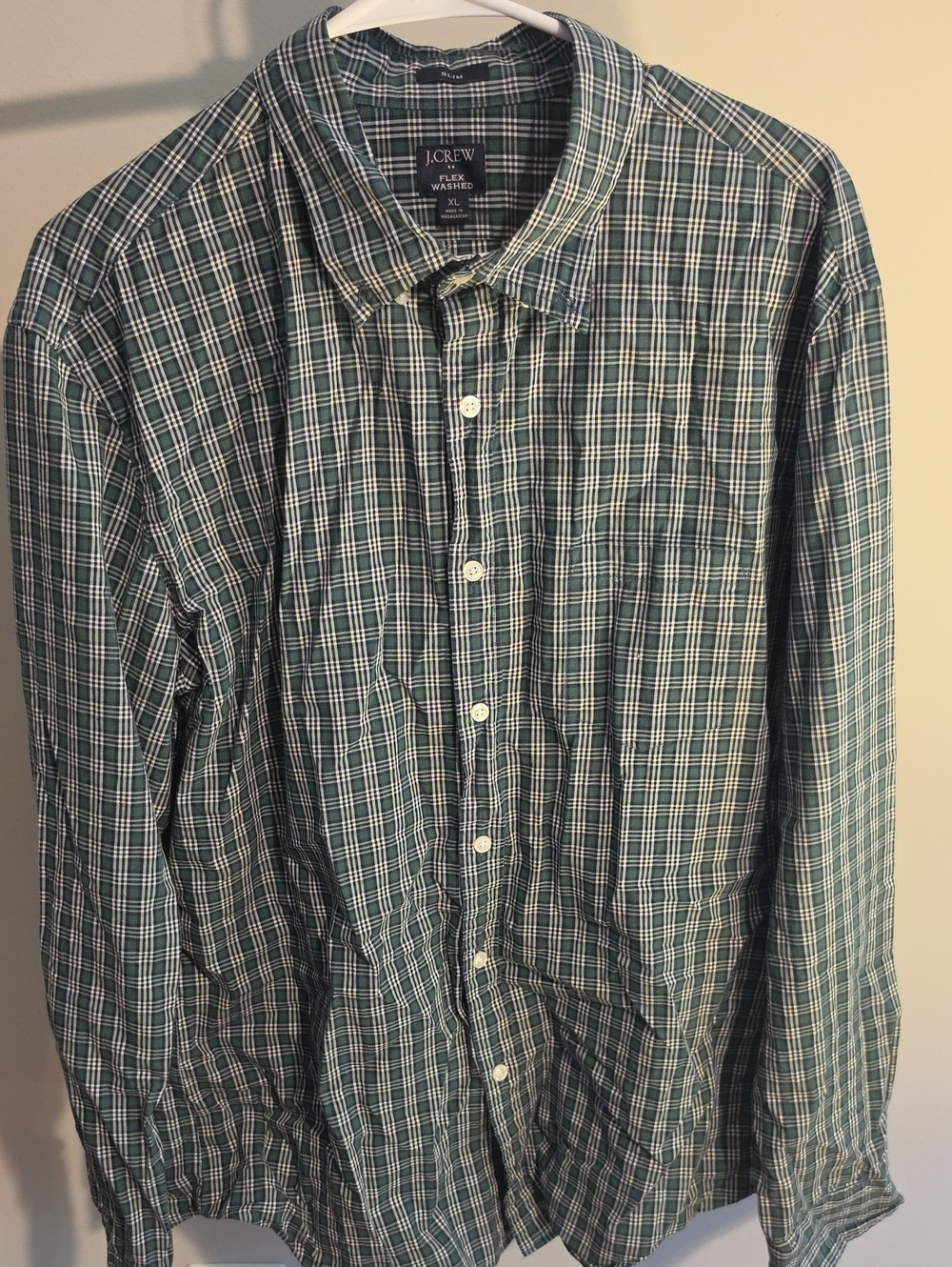 J. Crew Men’s Green and White Plaid Button-Down Shirt - Slim XL